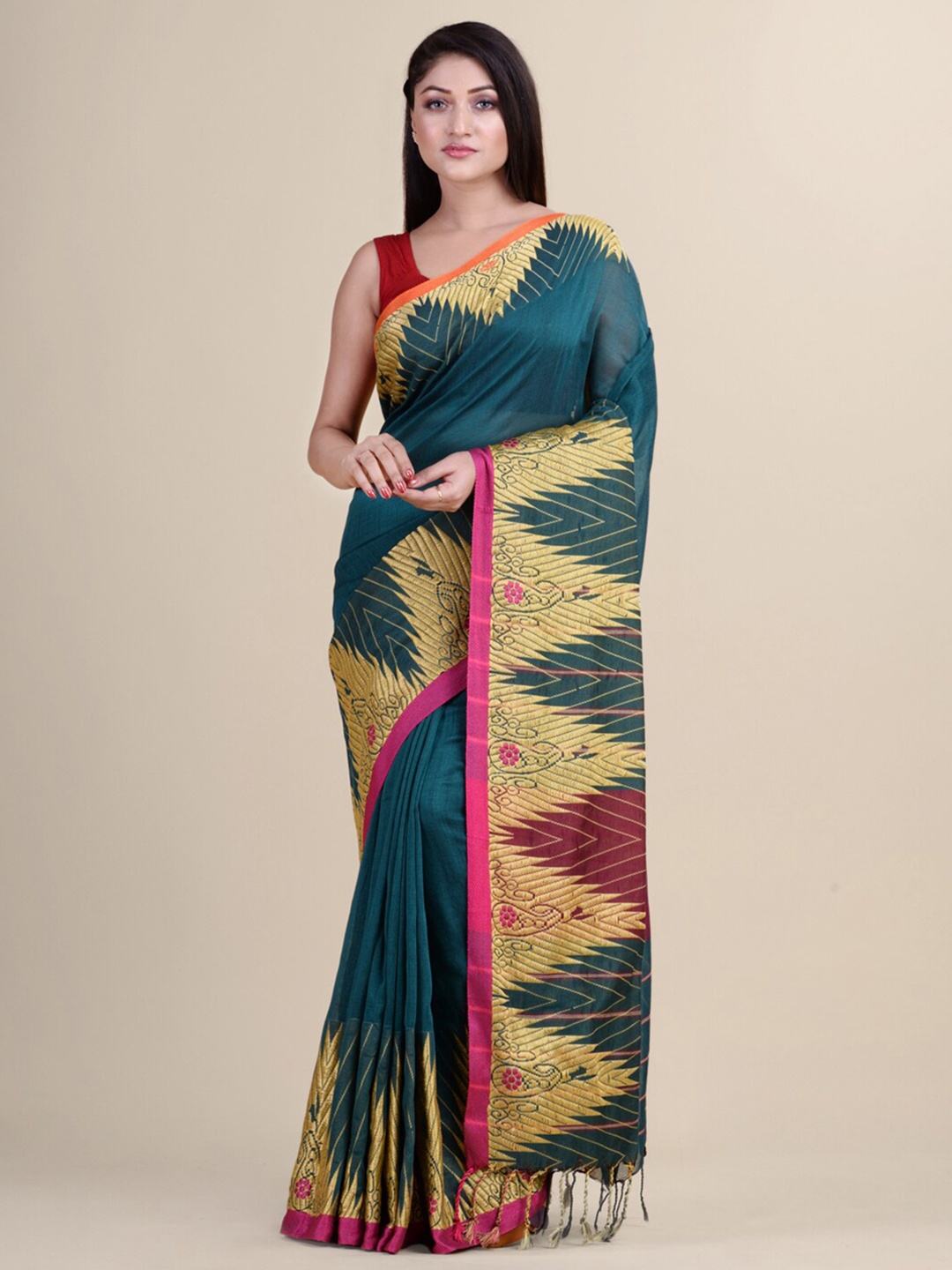 

Laa Calcutta Green & Maroon Woven Design Silk Cotton Jamdani Saree