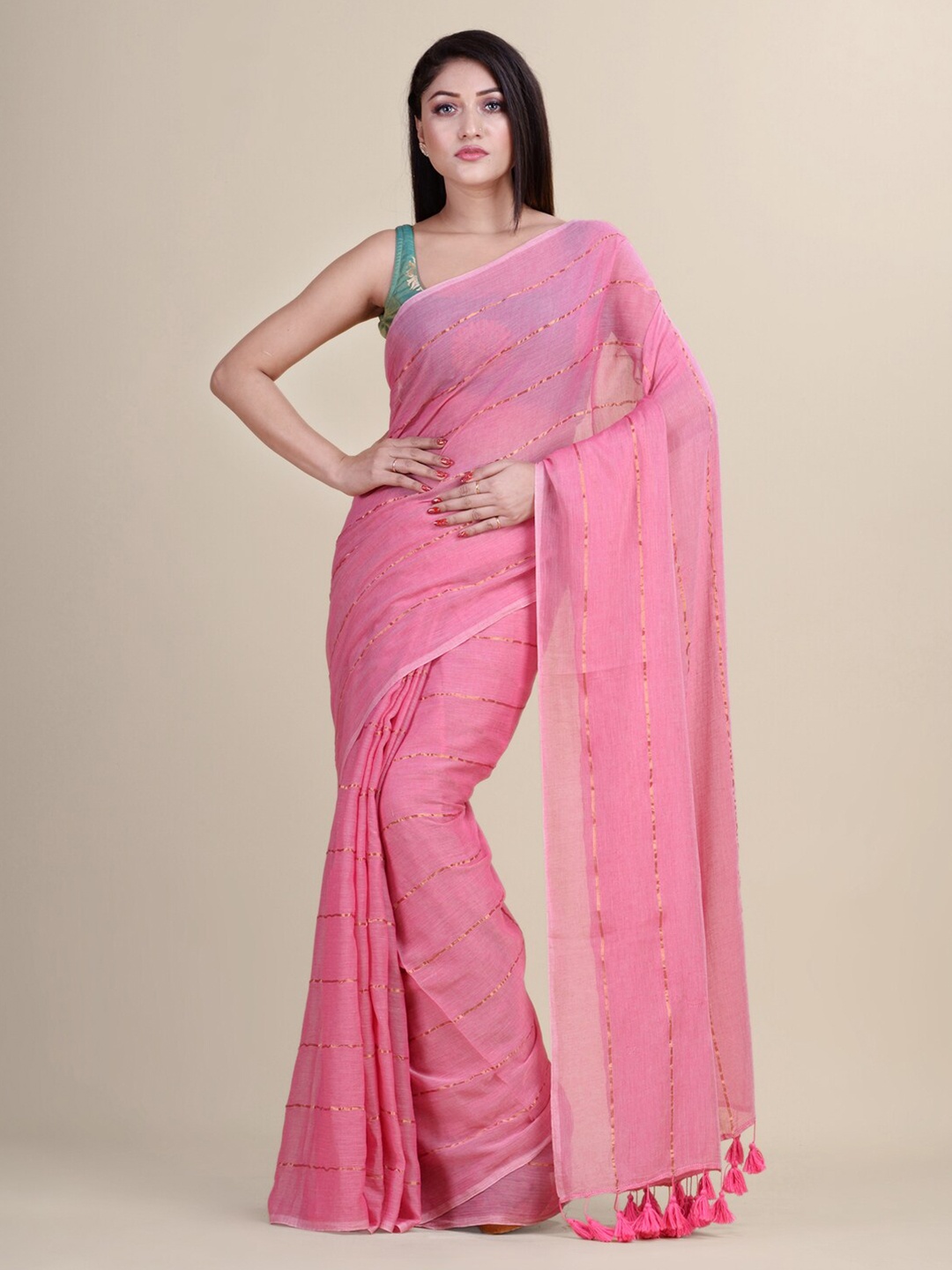 

Laa Calcutta Pink & Gold-Toned Striped Silk Cotton Jamdani Saree