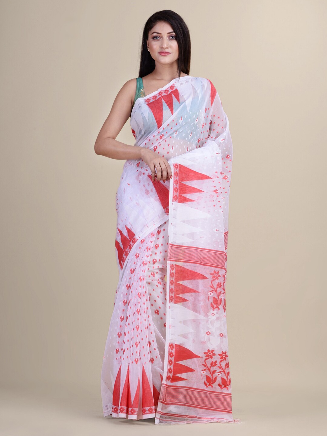 

Laa Calcutta White & Red Woven Design Silk Cotton Jamdani Saree