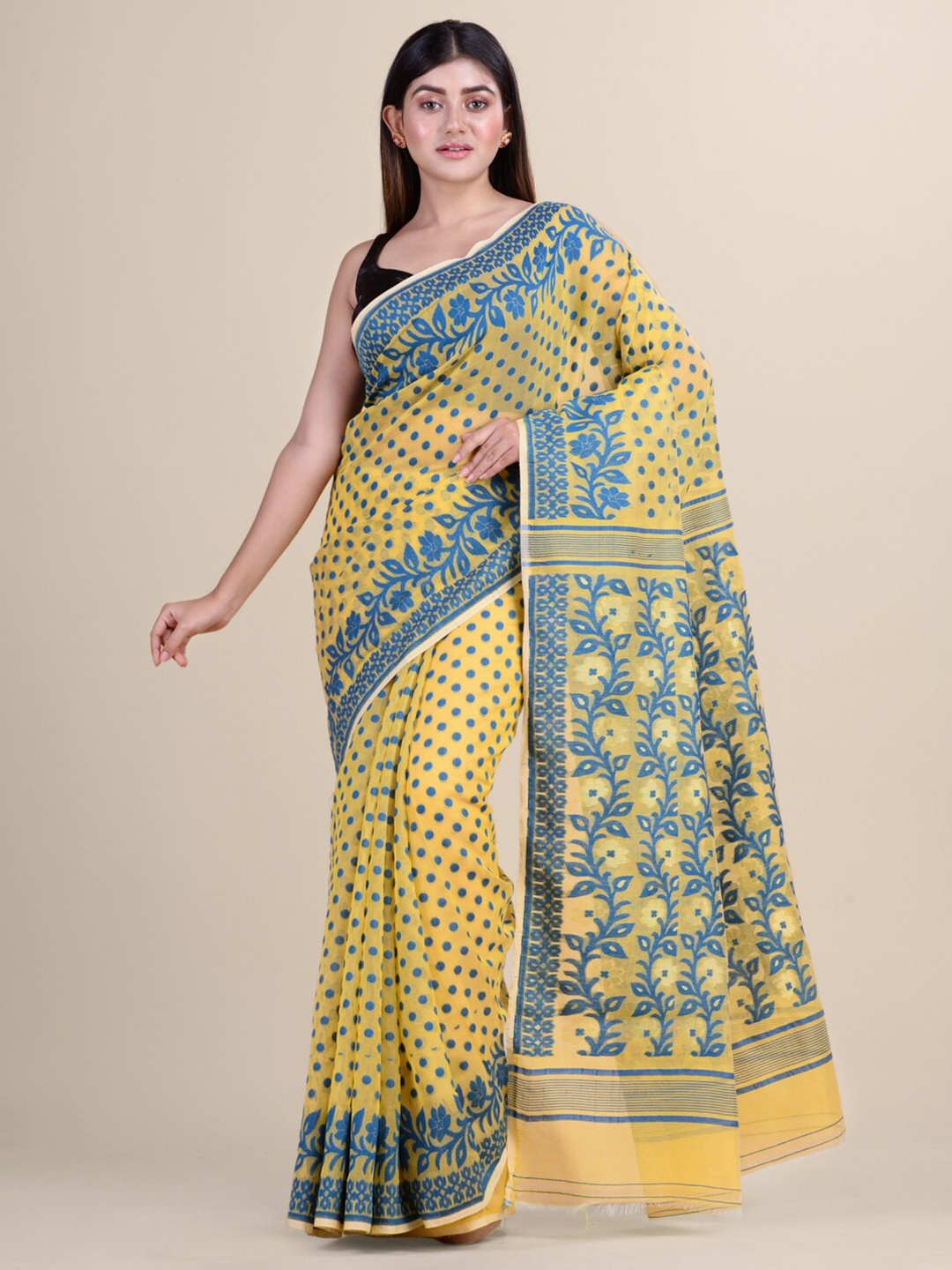 

Laa Calcutta Yellow & Blue Floral Silk Cotton Jamdani Saree