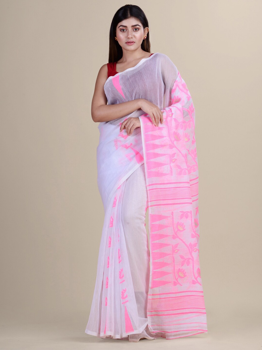 

Laa Calcutta White & Pink Woven Design Silk Cotton Jamdani Saree