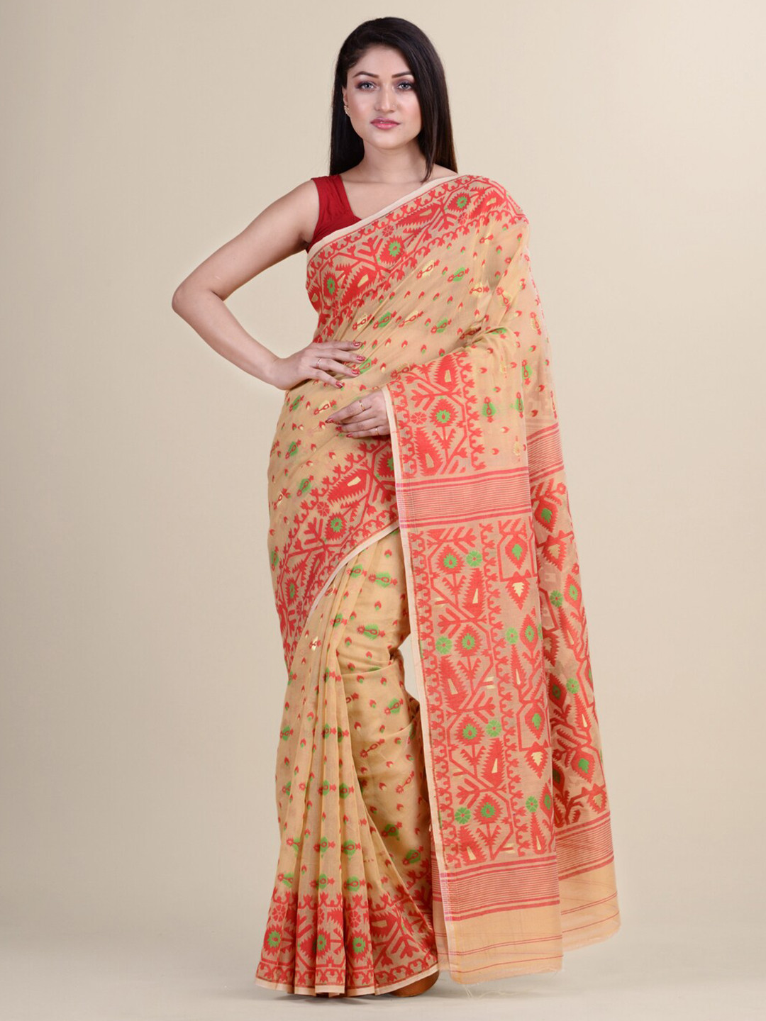 

Laa Calcutta Beige & Red Woven Design Silk Cotton Jamdani Handloom Saree