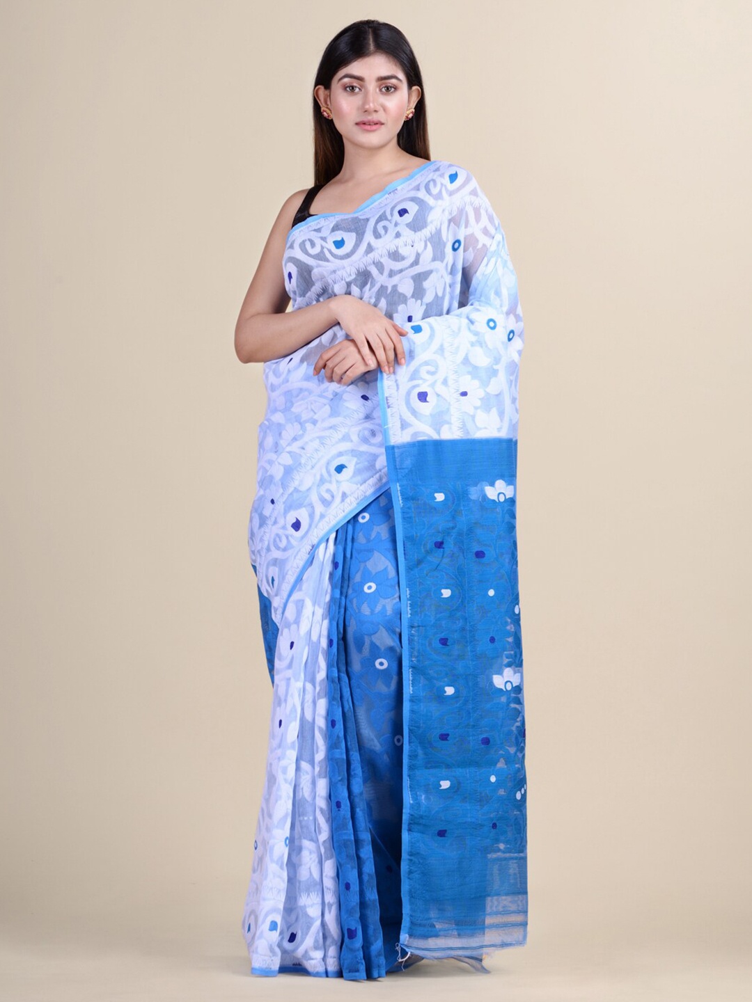 

Laa Calcutta White & Blue Ethnic Motifs Silk Cotton Jamdani Saree