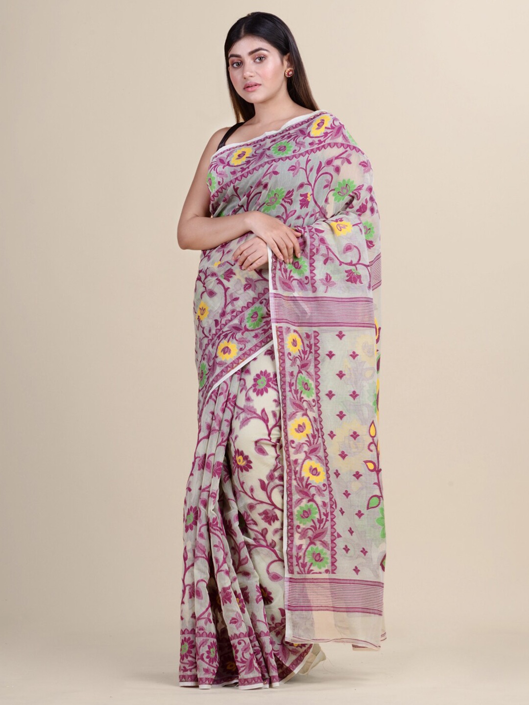 

Laa Calcutta White & Purple Floral Silk Cotton Jamdani Saree
