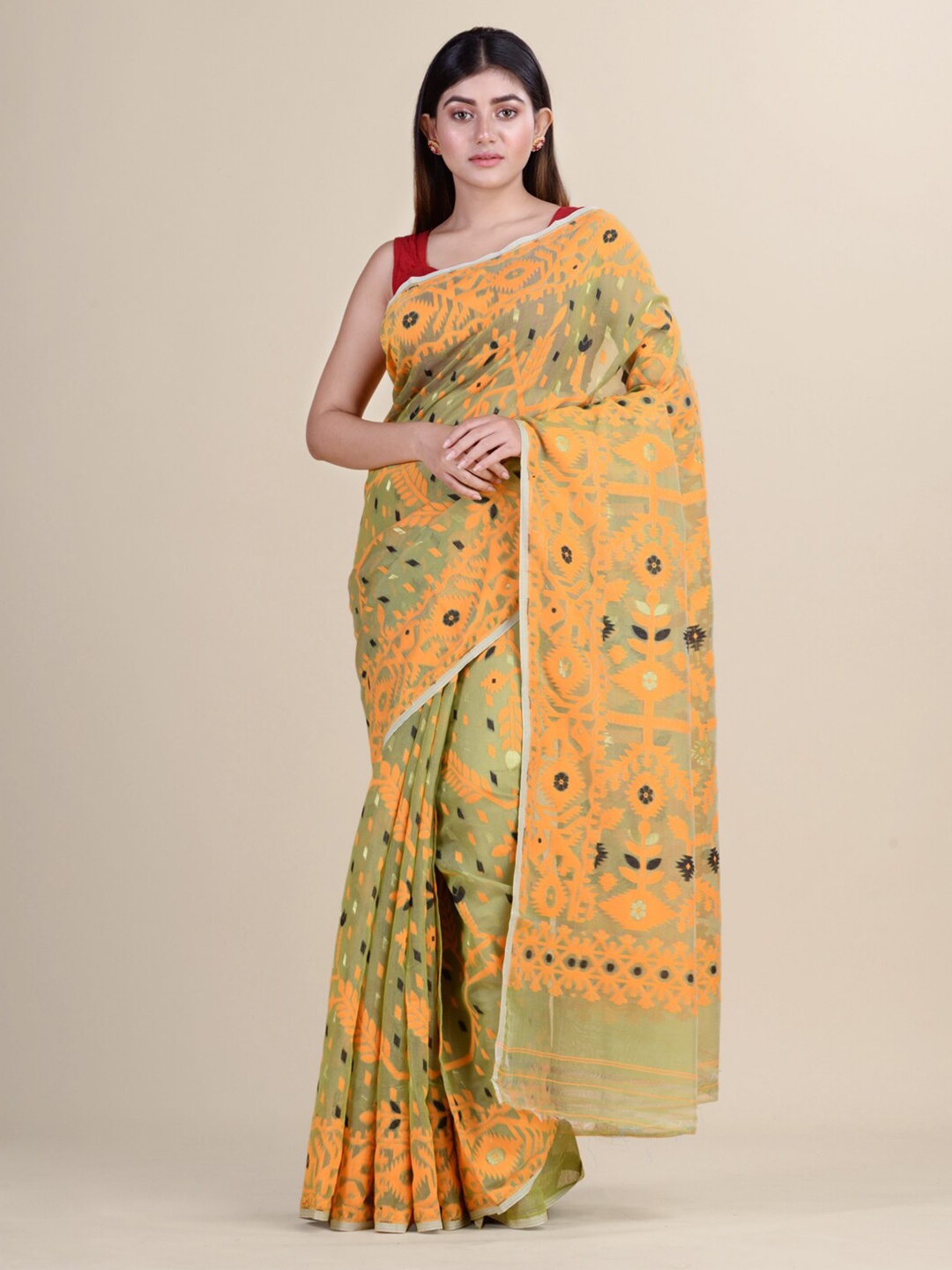 

Laa Calcutta Olive Green & Orange Woven Design Silk Cotton Jamdani Saree