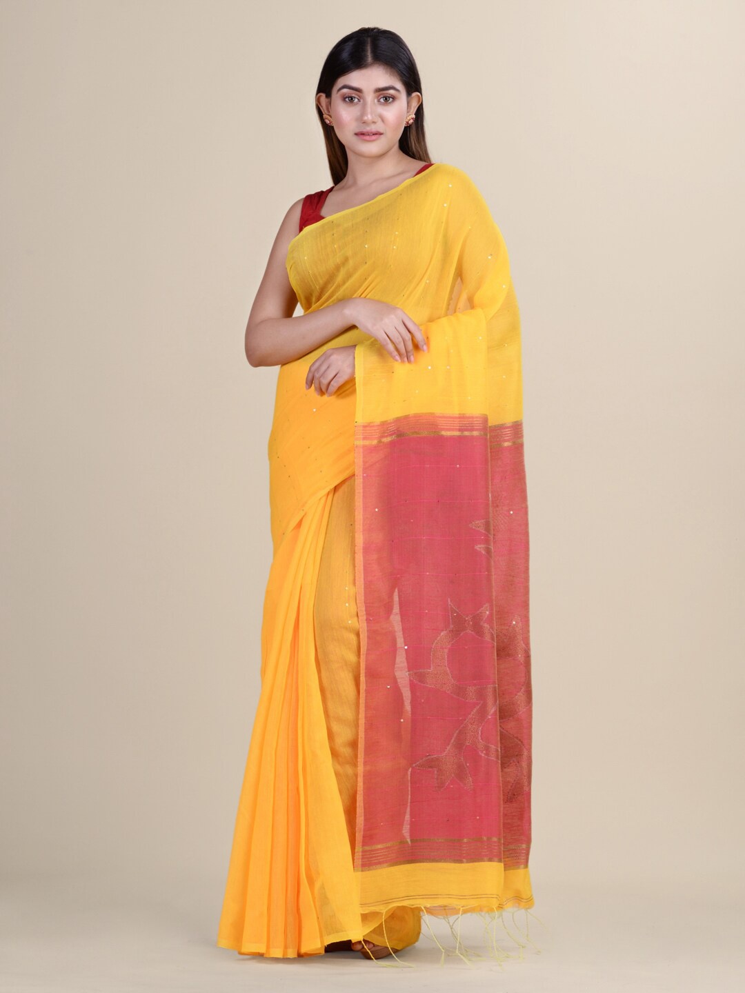 

Laa Calcutta Yellow & Pink Ethnic Motifs Silk Cotton Jamdani Saree