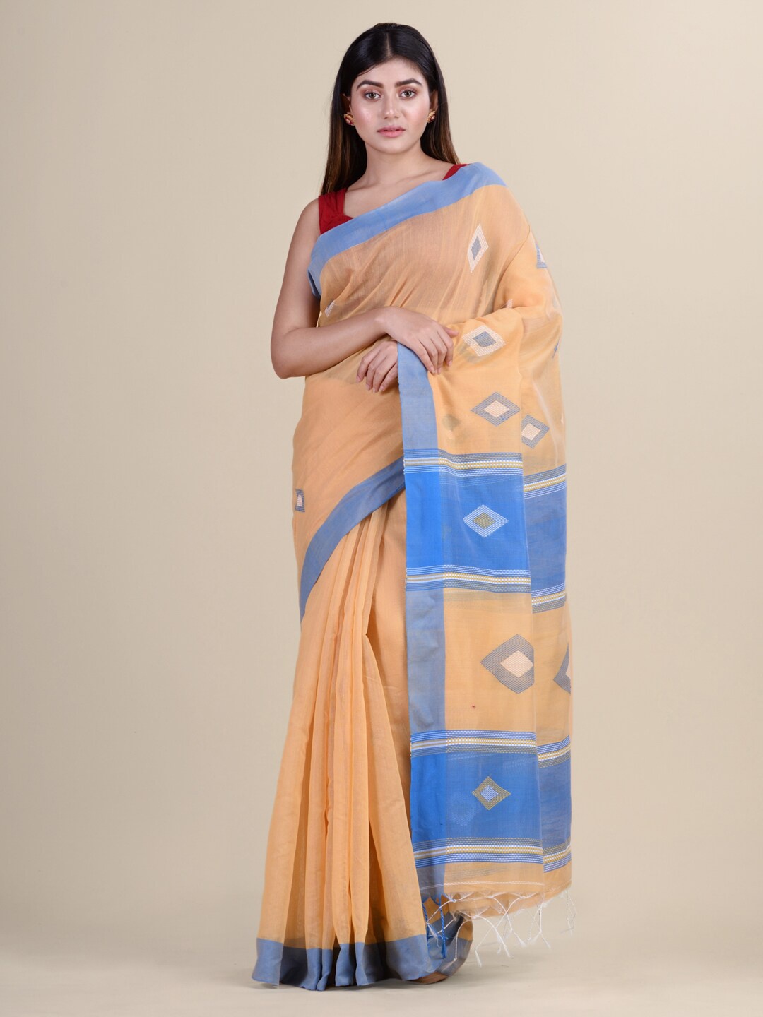 

Laa Calcutta Beige & Blue Silk Cotton Jamdani Saree