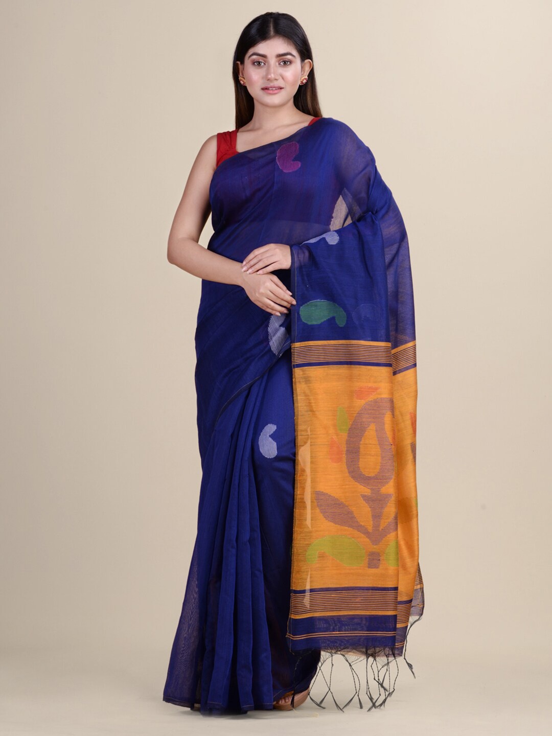 

Laa Calcutta Blue & Yellow Paisley Silk Cotton Jamdani Saree