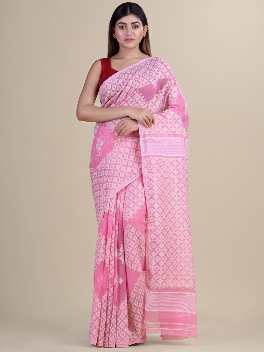 

Laa Calcutta Pink & White Ethnic Motifs Silk Cotton Jamdani Saree