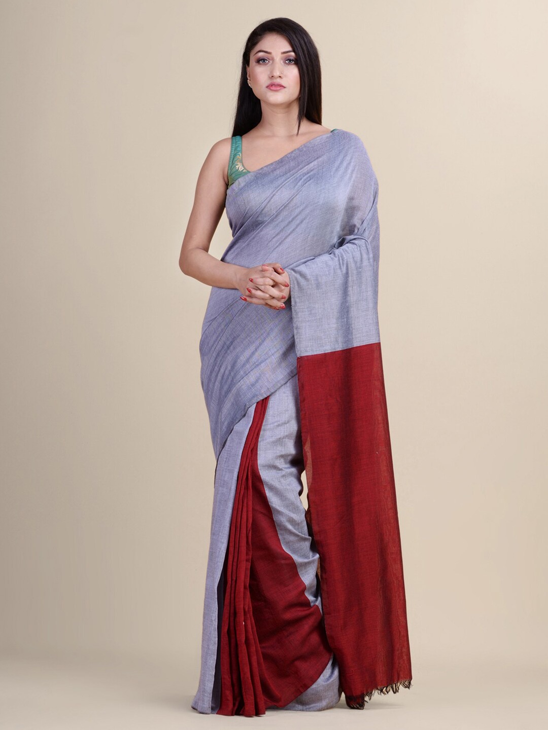 

Laa Calcutta Grey & Maroon Colourblocked Silk Cotton Jamdani Saree