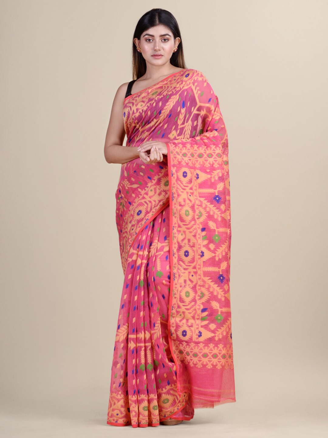 

Laa Calcutta Pink & Blue Ethnic Motifs Silk Cotton Jamdani Saree