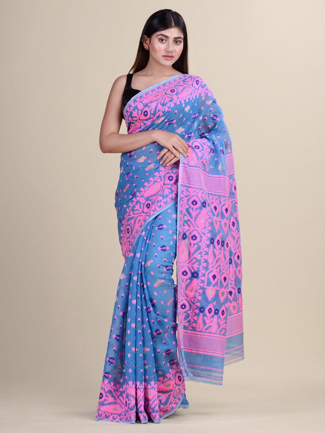 

Laa Calcutta Blue & Pink Woven Design Silk Cotton Jamdani Saree