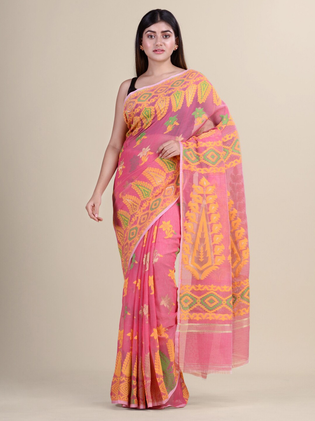 

Laa Calcutta Pink & Green Woven Design Silk Cotton Jamdani Handloom Saree