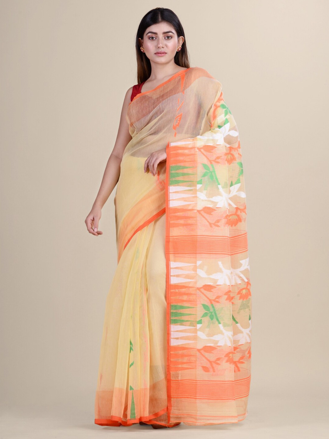 

Laa Calcutta Yellow & Orange Woven Design Silk Cotton Jamdani Saree