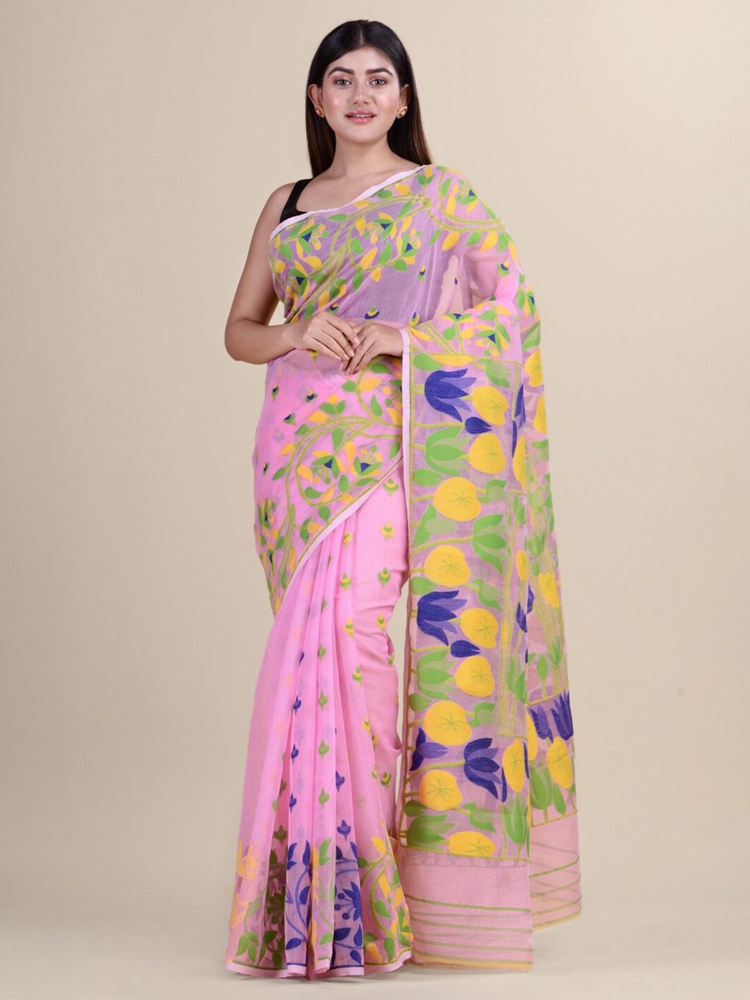 

Laa Calcutta Pink & Green Floral Woven Design Silk Cotton Jamdani Saree