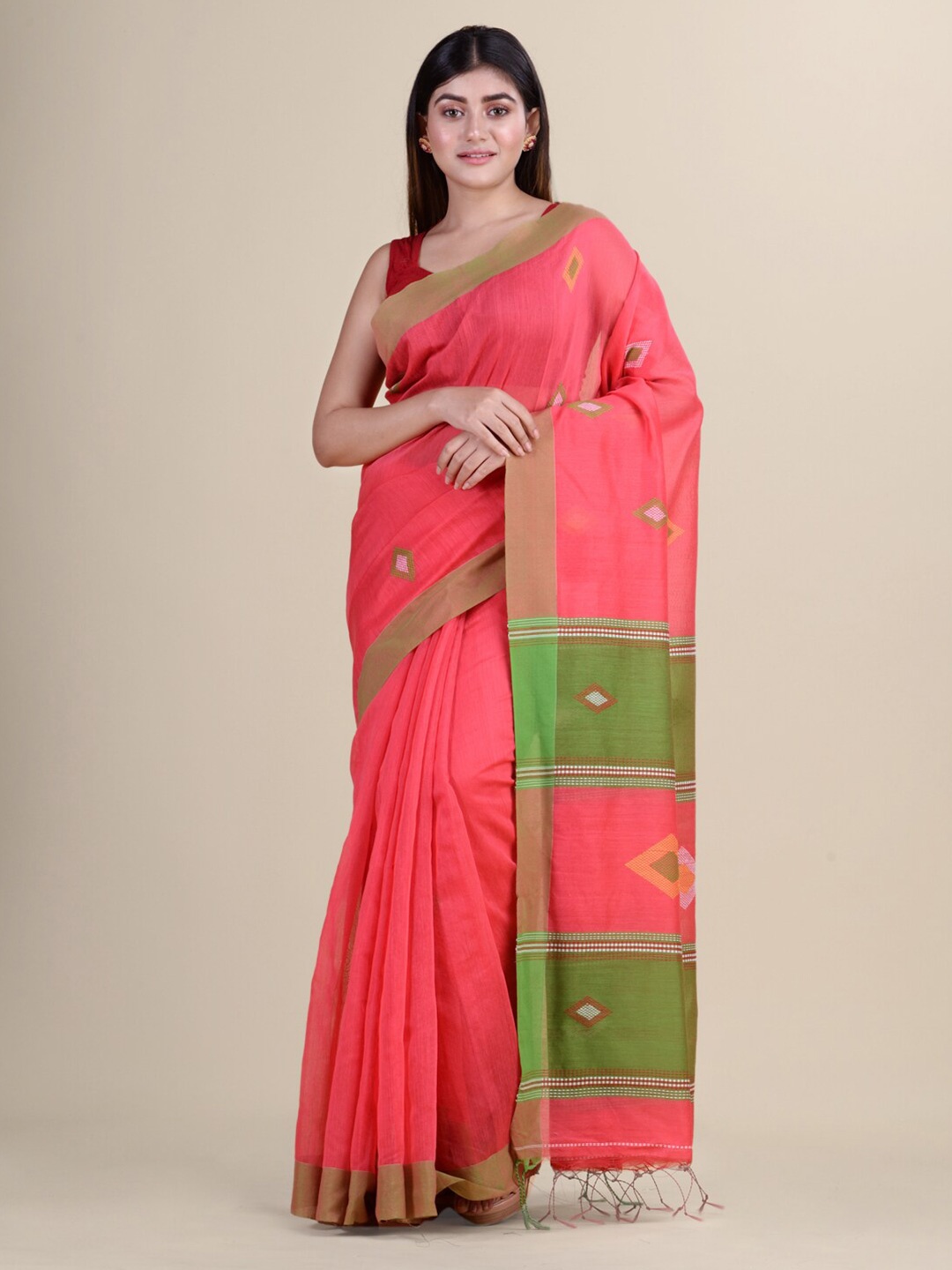 

Laa Calcutta Pink & Green Woven Design Silk Cotton Jamdani Handloom Saree