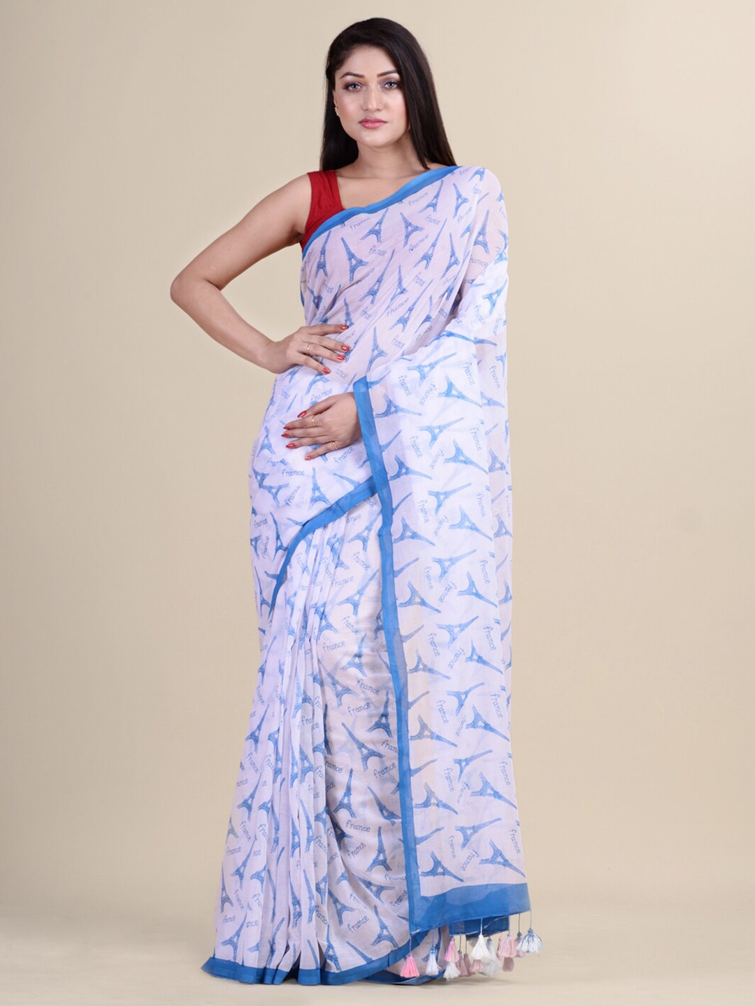 

Laa Calcutta White & Blue Silk Cotton Jamdani Saree