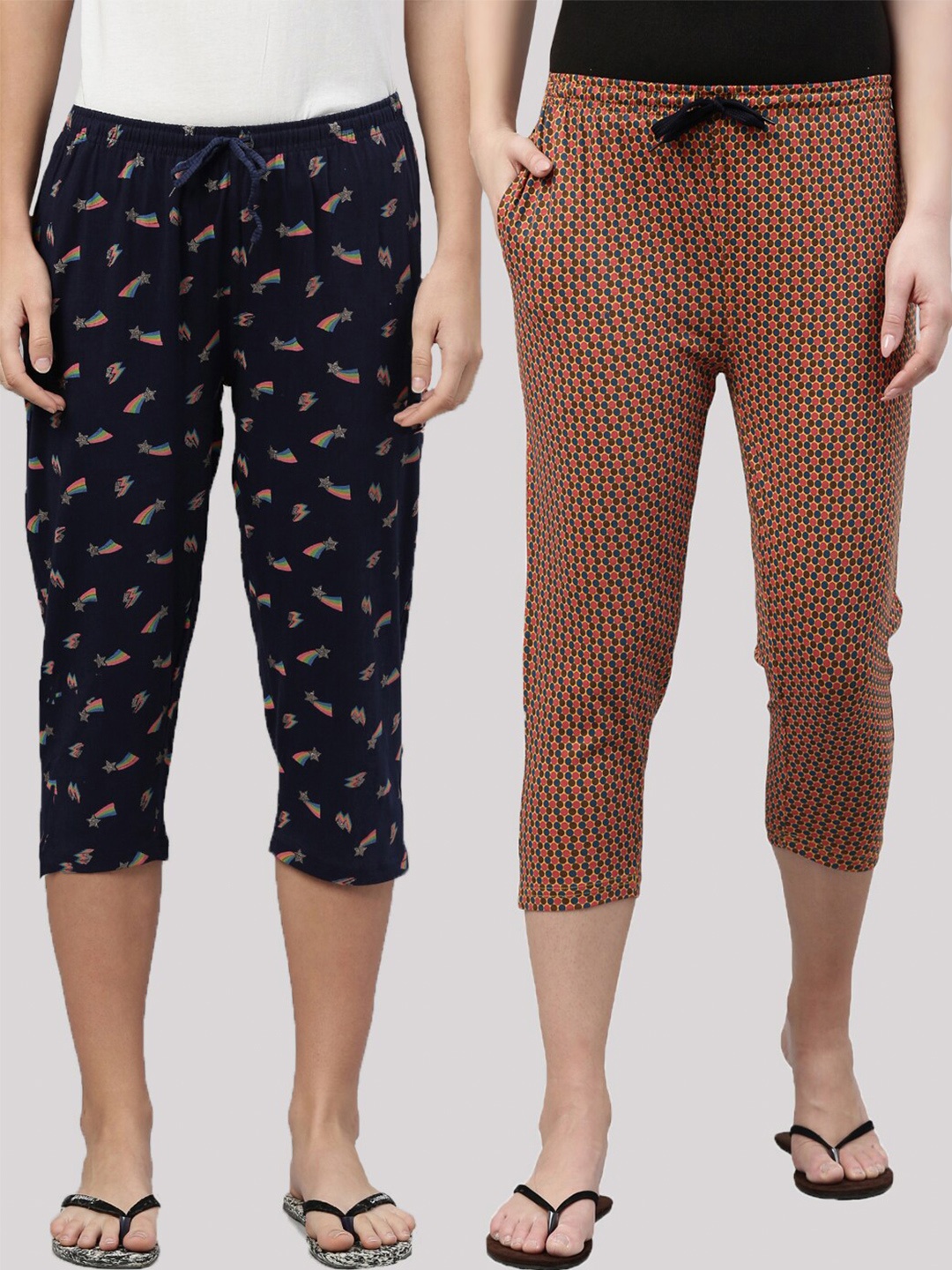 

Kryptic Women Navy Blue & Brown Set Of 2 Printed Pure Cotton Capris