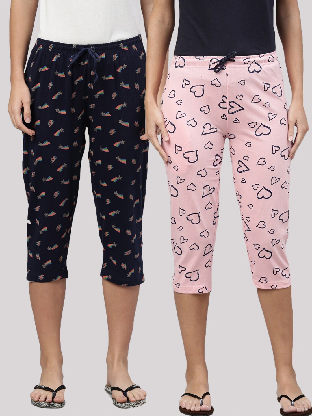 

Kryptic Women Pack of 2 Navy Blue & Pink Printed Pure Cotton Capris