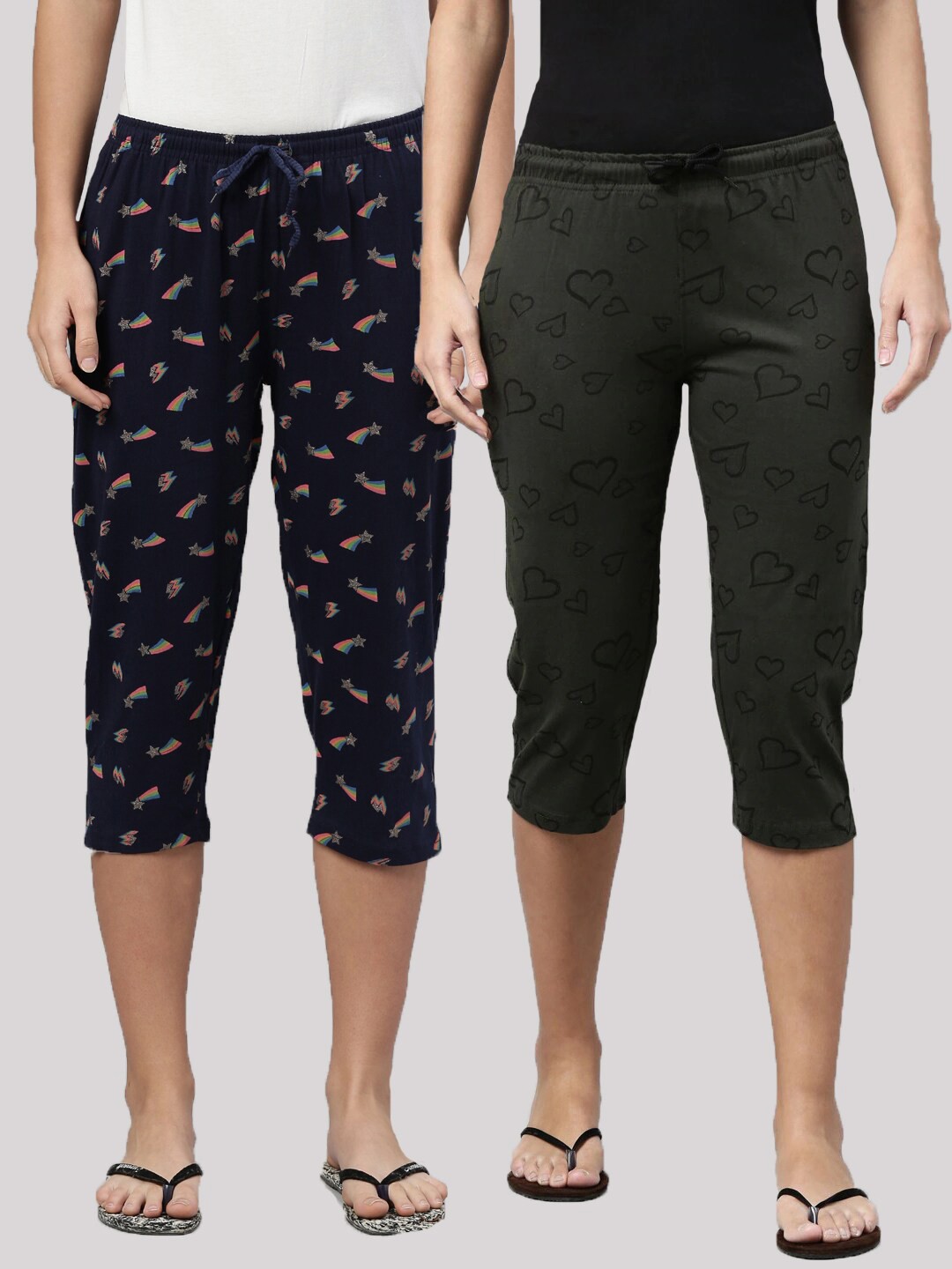 

Kryptic Women Navy Blue & Olive Green Printed Capris