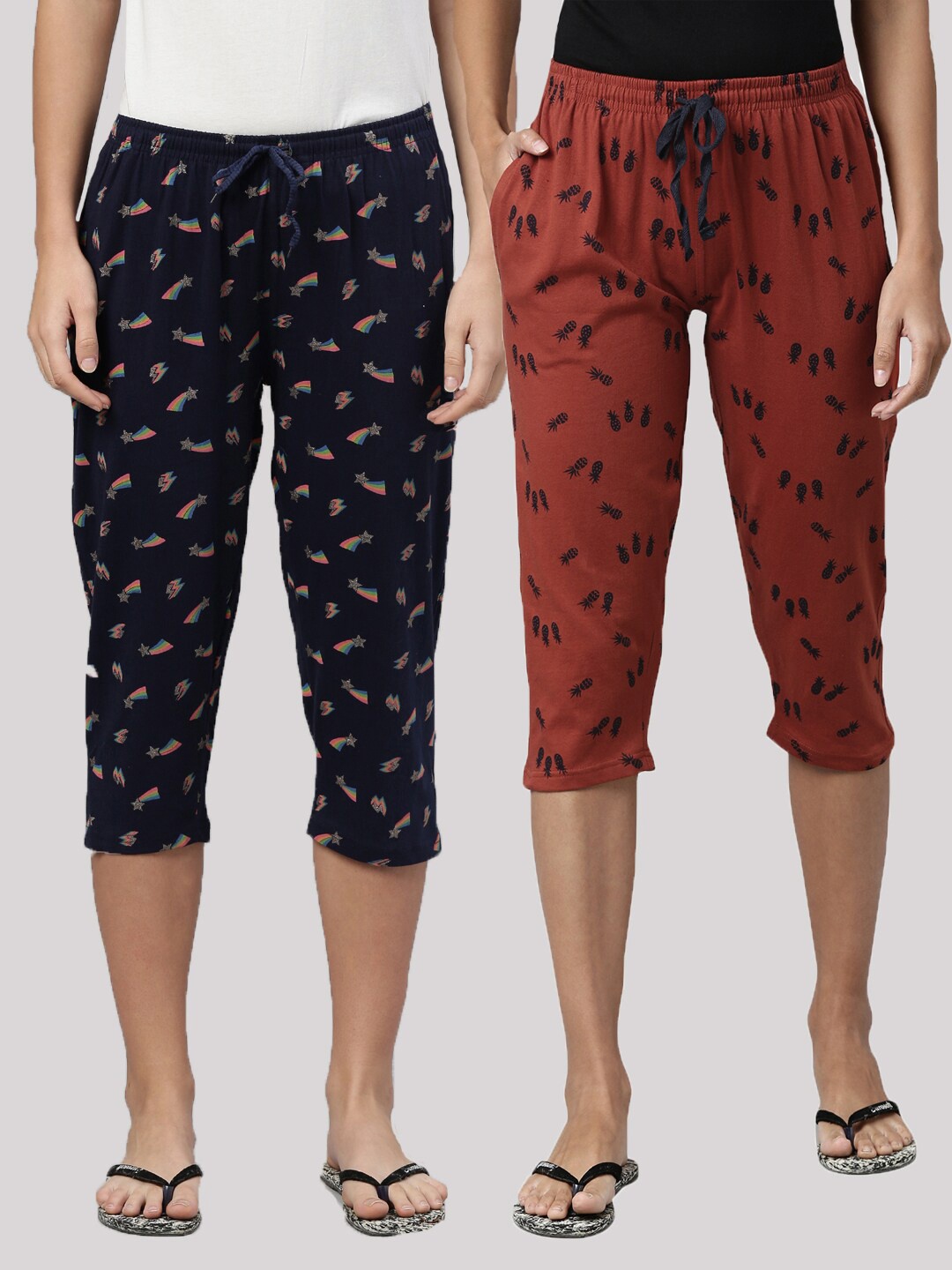 

Kryptic Women Navy Blue & Rust Set Of 2 Pure Cotton Printed Capris