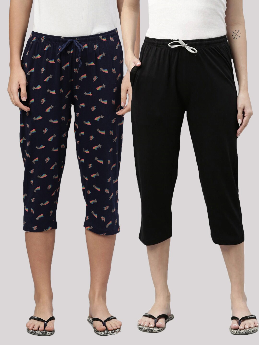 

Kryptic Women Pack Of 2 Navy Blue & Black Printed Pure Cotton Capris