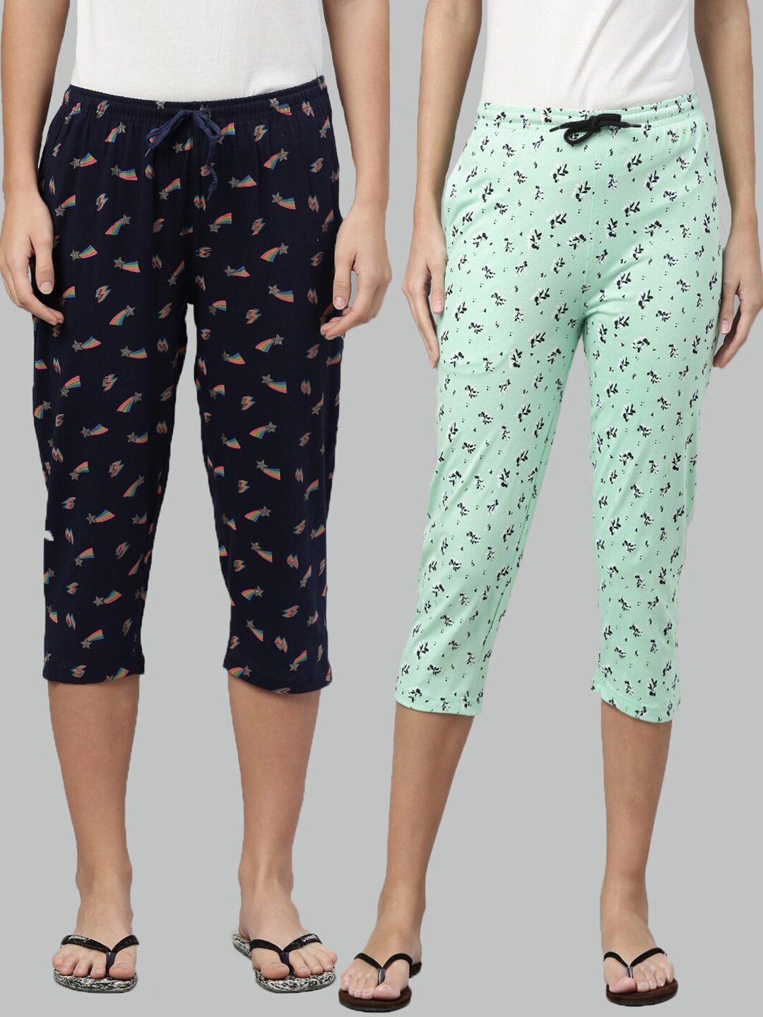 

Kryptic Women Pack of 2 Navy Blue & Sea Green Printed Pure Cotton Capris