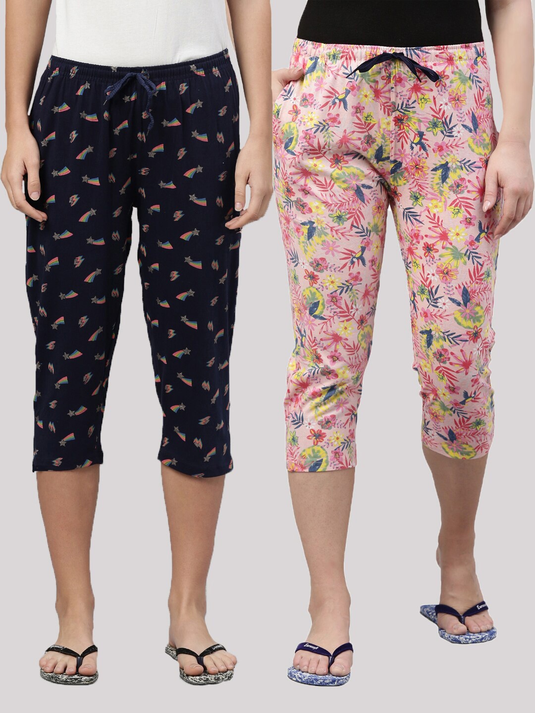 

Kryptic Women Pack of 2 Printed Cotton Lounge Capris, Navy blue
