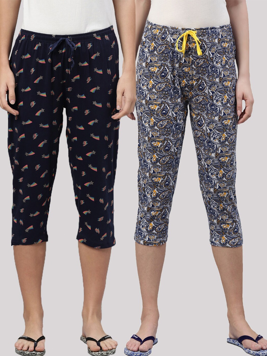 

Kryptic Women Navy Blue & Grey Set Of 2 Pure Cotton Printed Capris