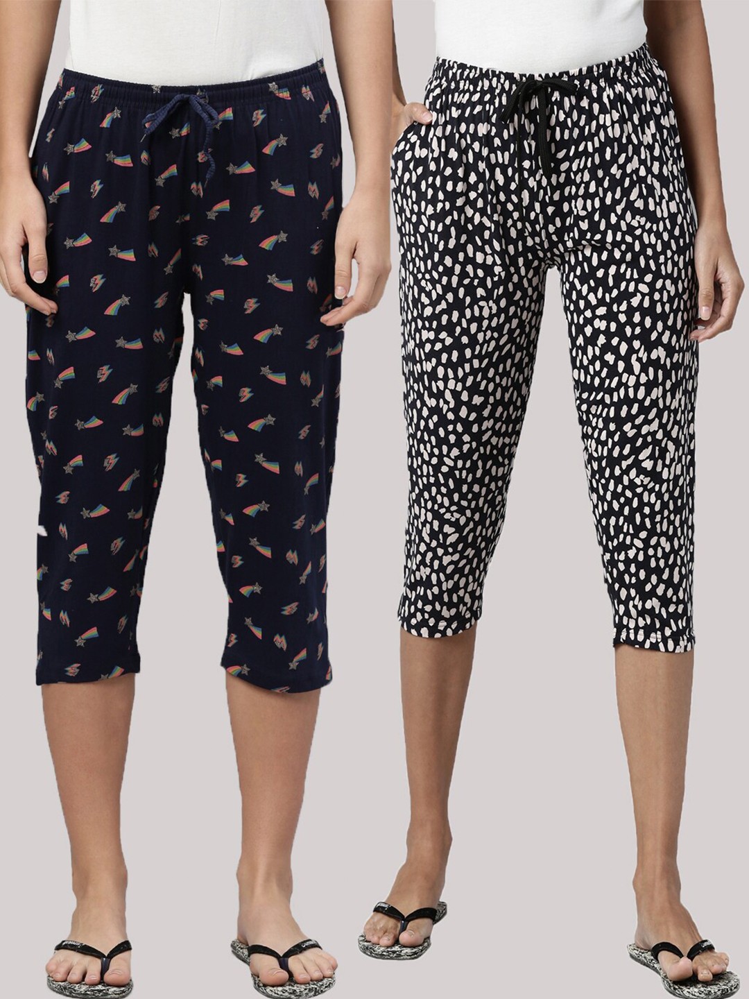 

Kryptic Women Pack of 2 Navy Blue & Black Cotton Printed Capris