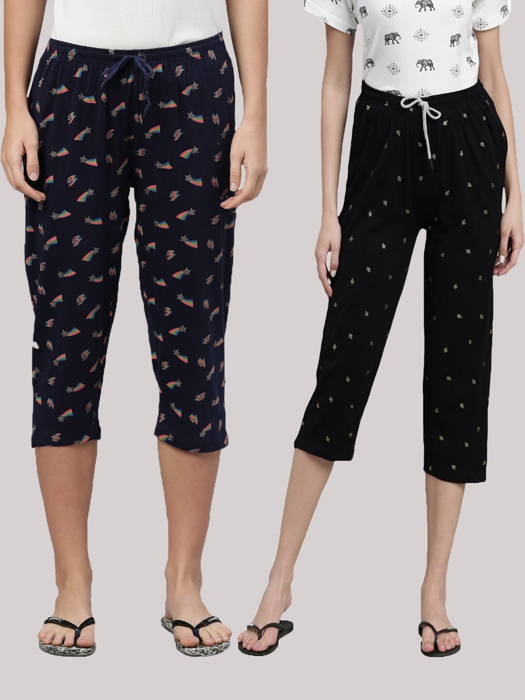 

Kryptic Women Navy Blue & Black Printed Capris