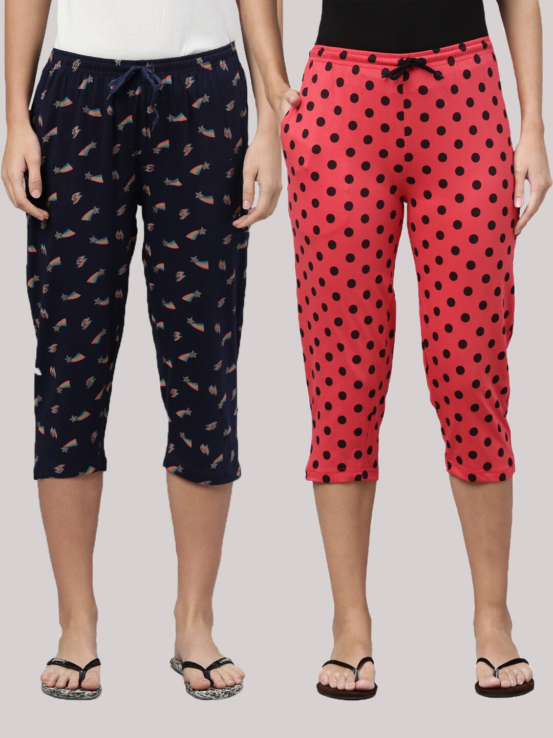 

Kryptic Women Navy Blue & Fuchsia Set of Printed Capris