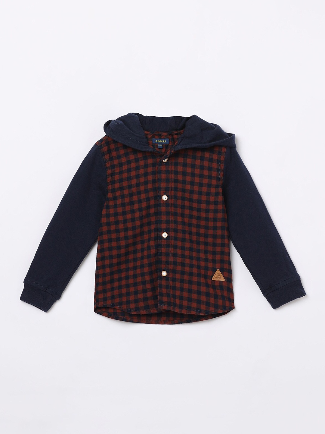 

Juniors Boys Brown Buffalo Checks Checked Cotton Hooded Shirt