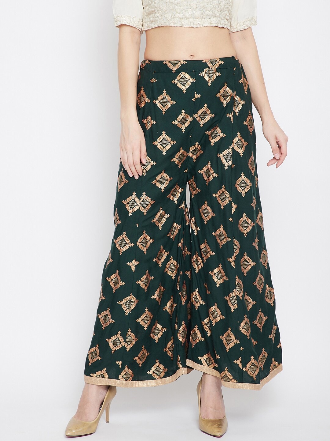 

Clora Creation Women Green & Gold-Toned Ethnic Motifs Printed Flared Knitted Ethnic Palazzos
