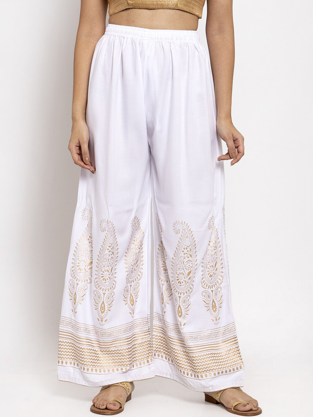 

Clora Creation Women White & Gold-Toned Ethnic Motifs Printed Palazzos