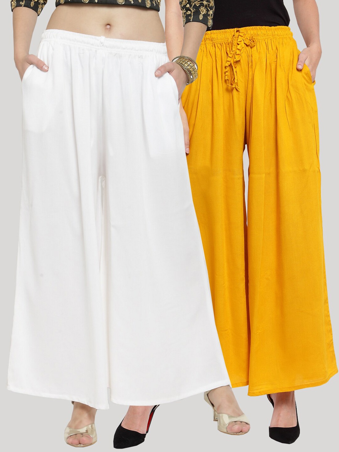 

Clora Creation Women White & Yellow Set Of 2 Flared Knitted Palazzos