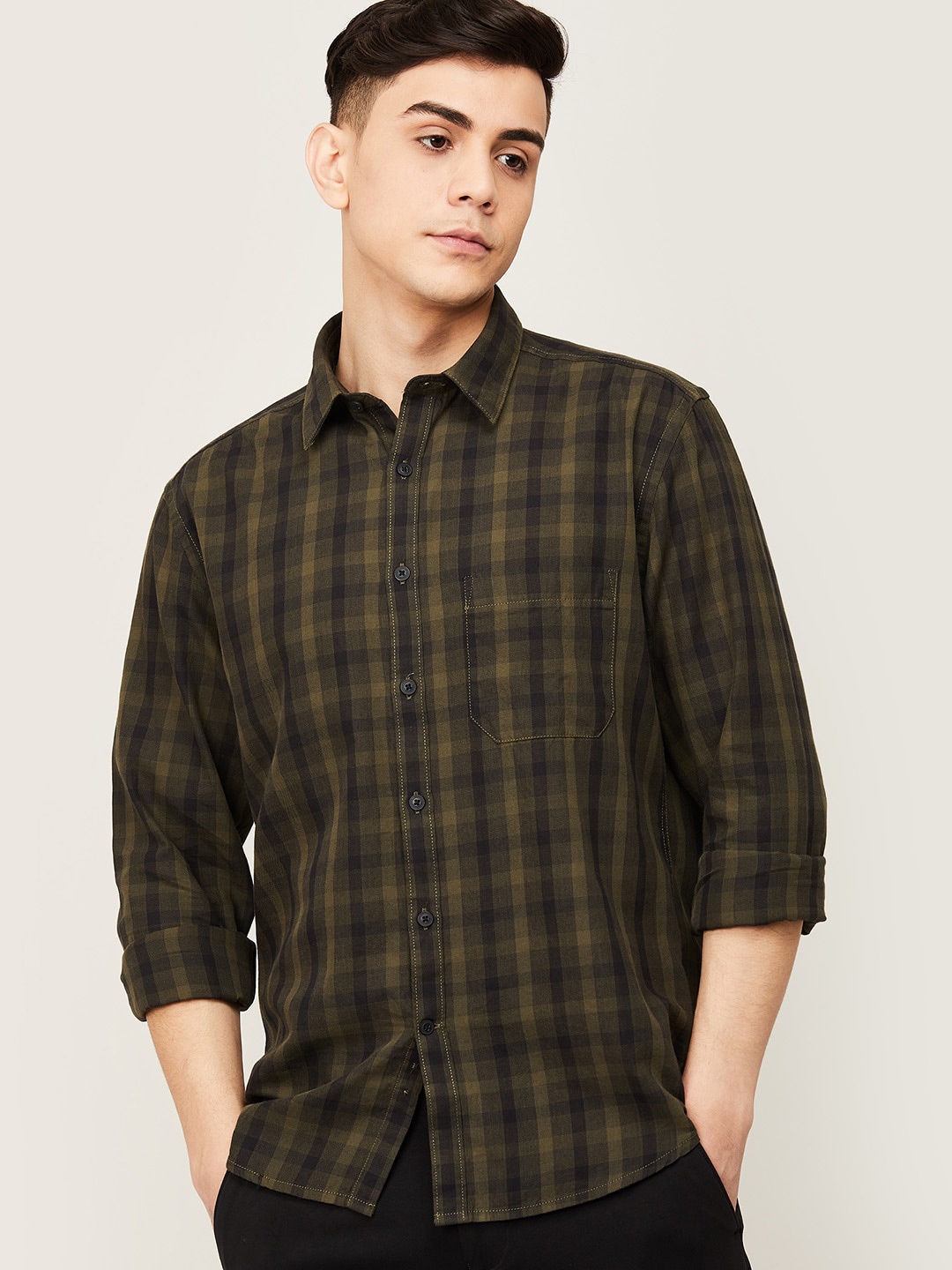 

CODE by Lifestyle Men Olive Green Tartan Checks Checked Cotton Casual Shirt
