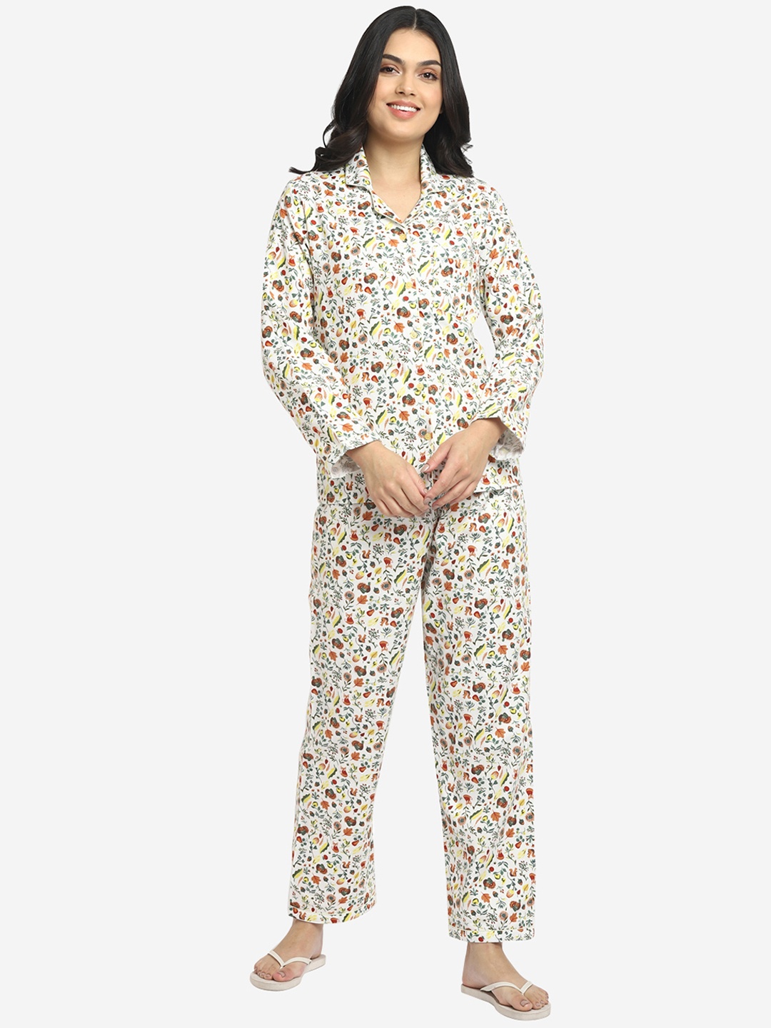 

shopbloom Women White & Green Printed Cotton Night suit