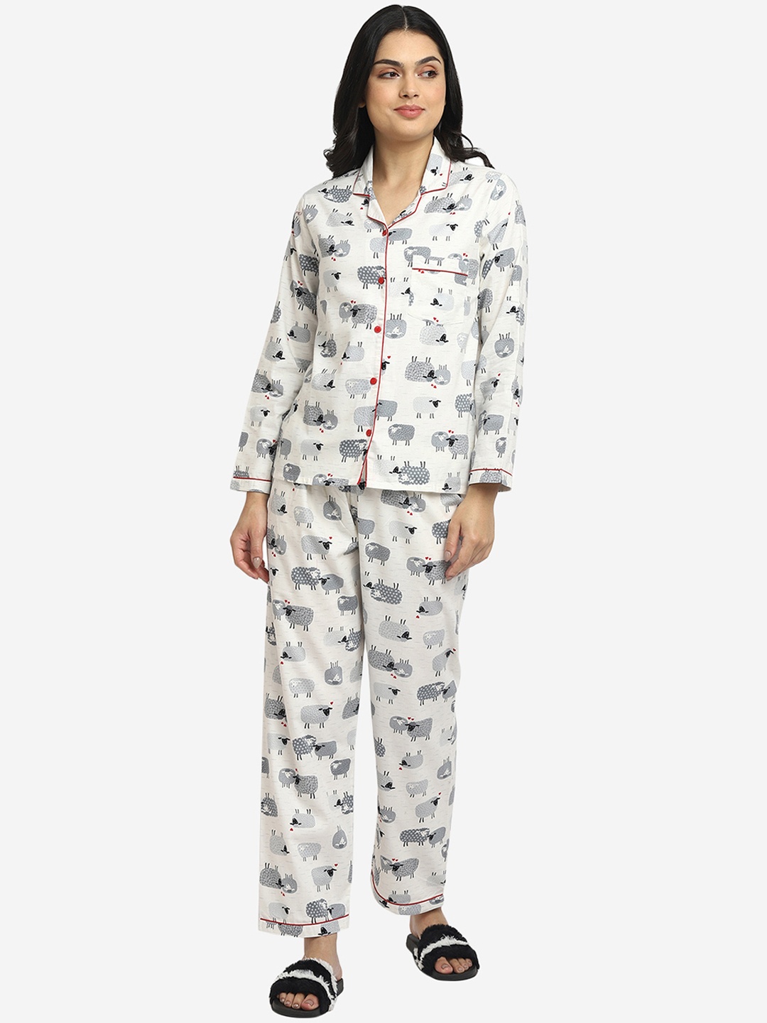 

shopbloom Women White & Grey Printed Night suit