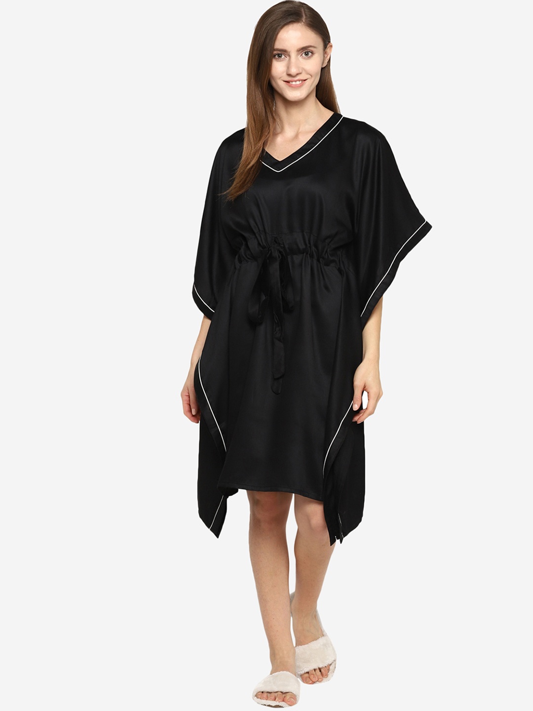 

shopbloom Women Black Solid Cotton Kaftan Nightdress