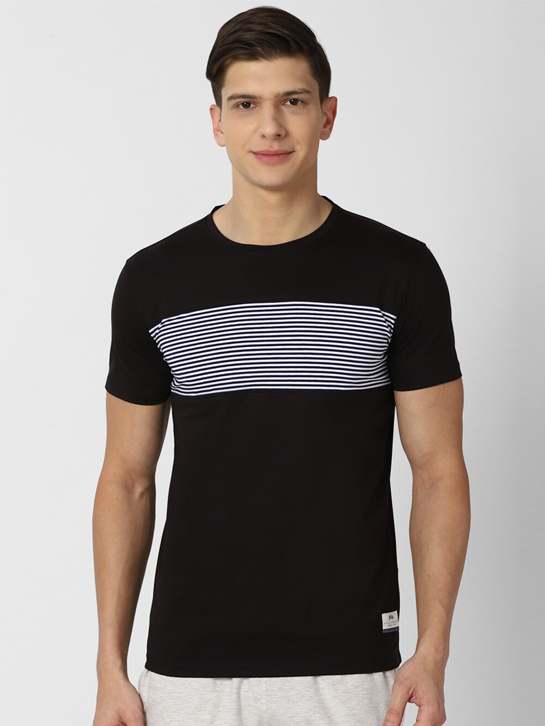 

Peter England Casuals Men Black Striped Slim Fit T-shirt