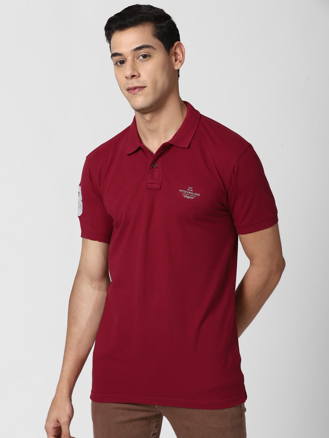 

Peter England Casuals Men Maroon Polo Collar Applique Slim Fit T-shirt