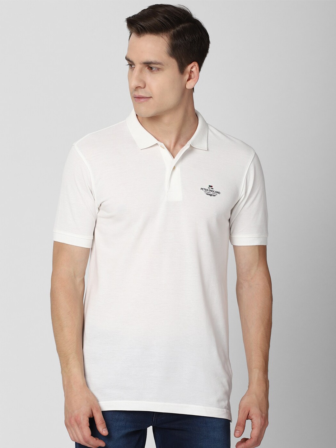 

Peter England Casuals Men White Polo Collar Slim Fit T-shirt