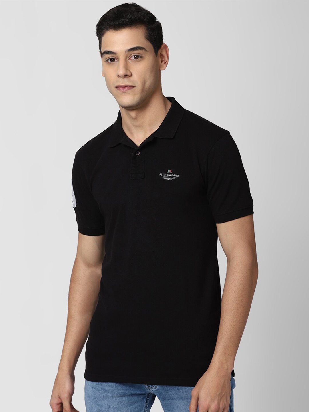 

Peter England Casuals Men Black Polo Collar Applique Slim Fit Cotton T-shirt