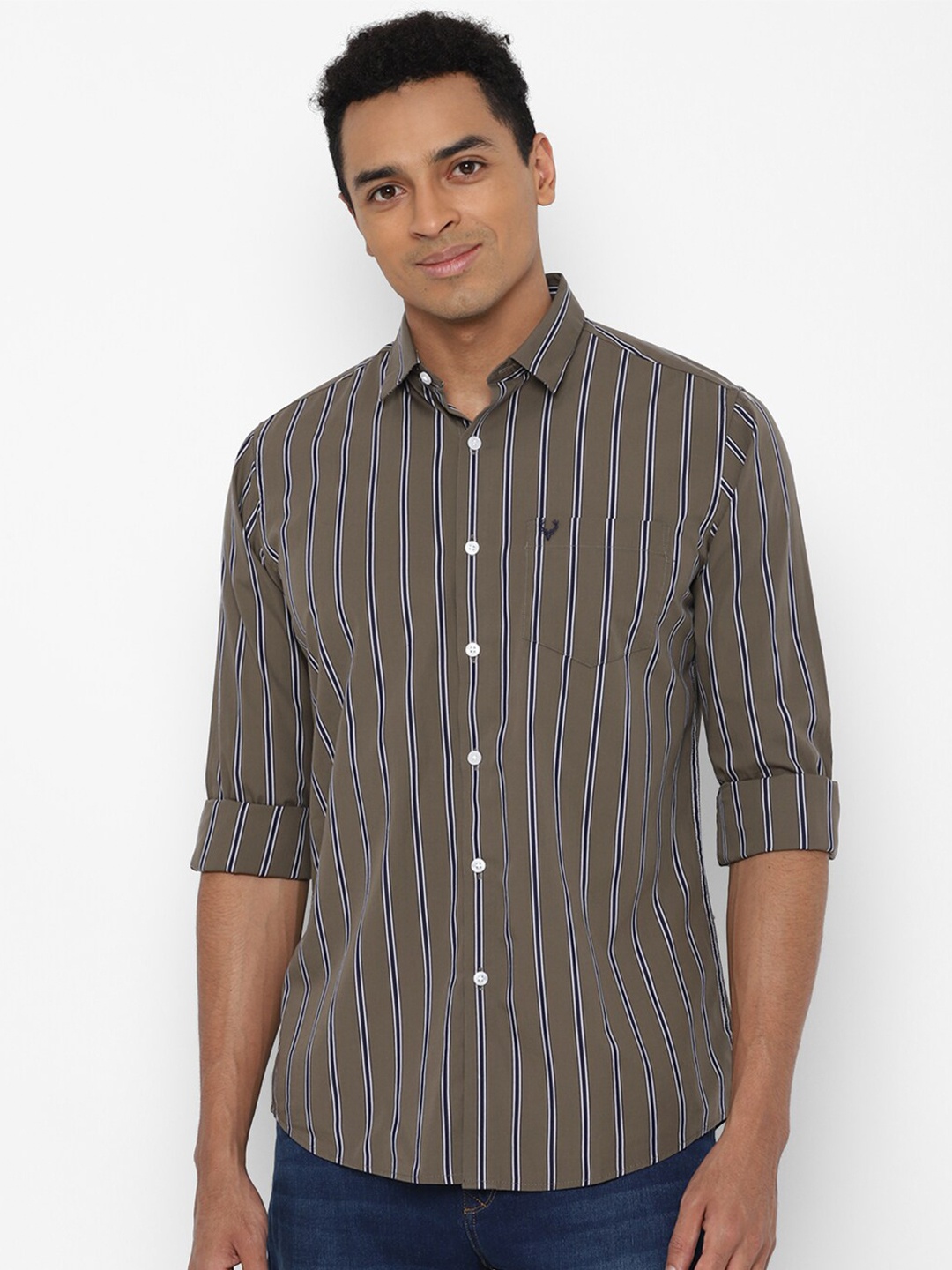 

Allen Solly Men Olive Green Slim Fit Striped Pure Cotton Casual Shirt