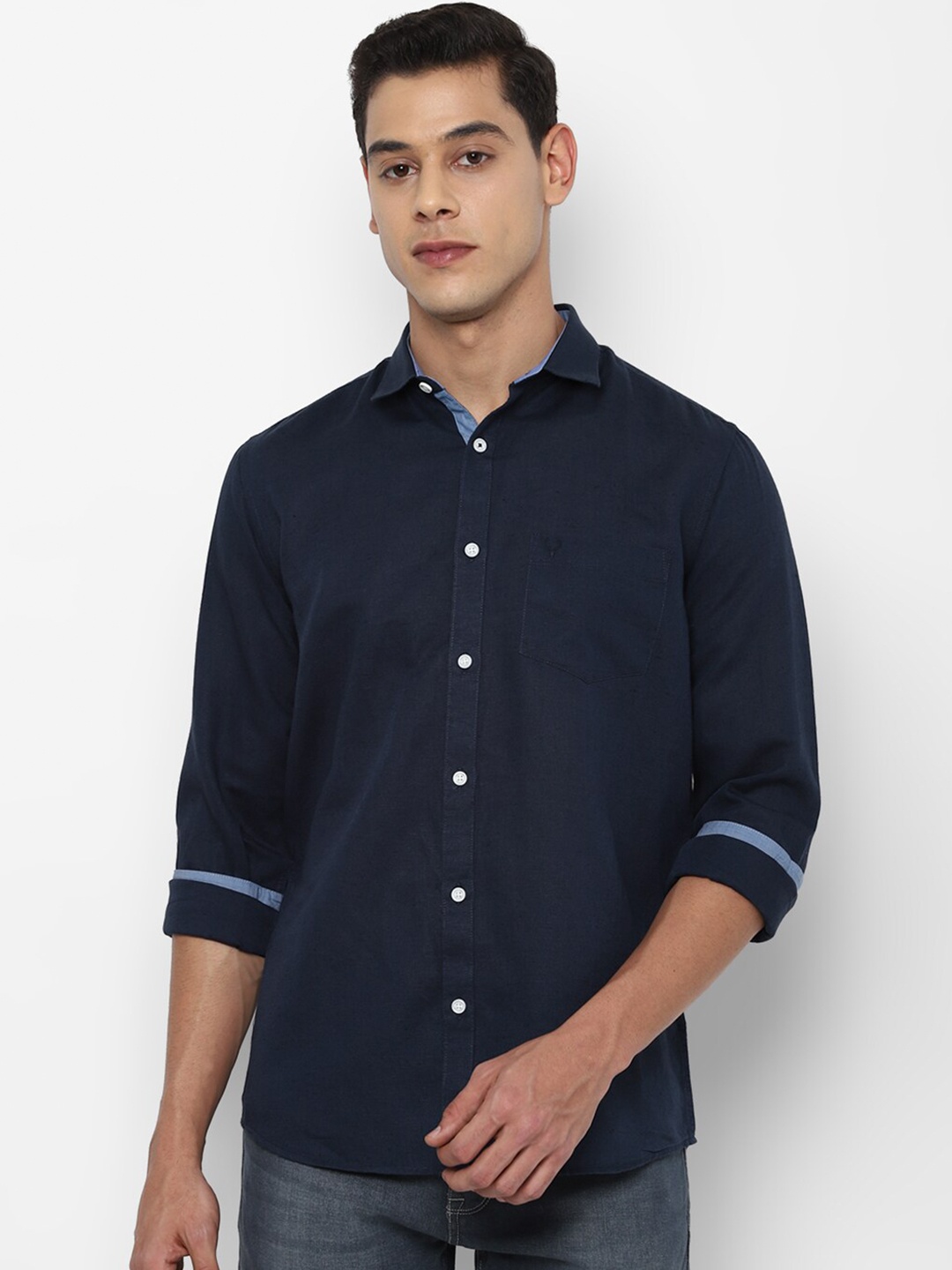 

Allen Solly Men Navy Blue Solid Slim Fit Casual Linen Shirt