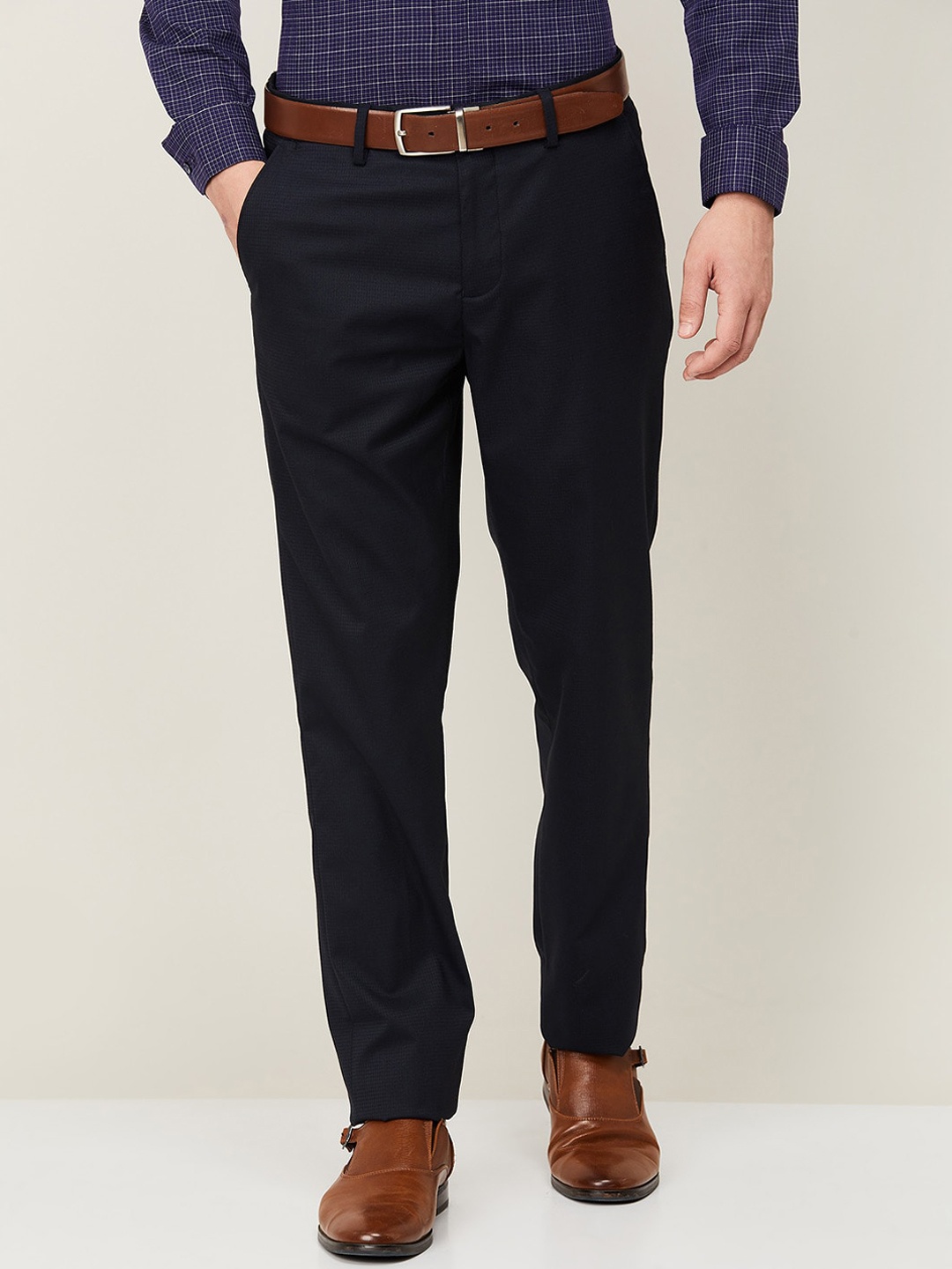 

CODE by Lifestyle Men Navy Blue Solid Slim Fit Trousers