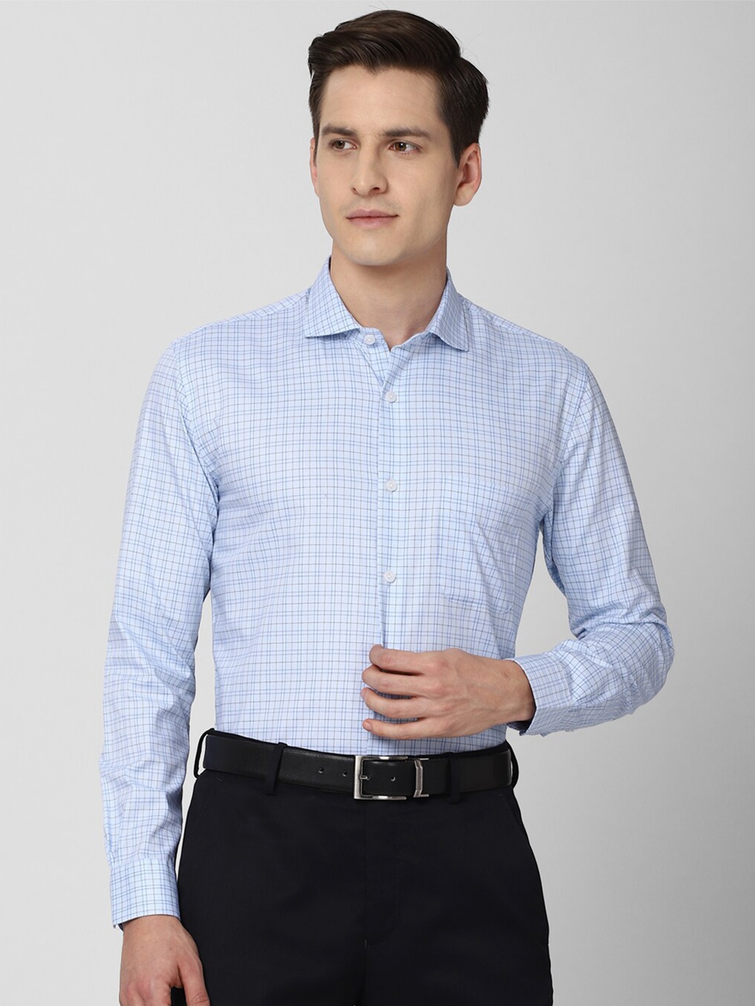 

Peter England Elite Men Blue Slim Fit Grid Tattersall Checked Pure Cotton Formal Shirt