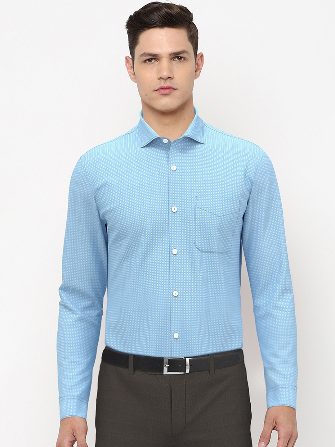 

Peter England Elite Men Blue & White Slim Fit Printed Pure Cotton Formal Shirt