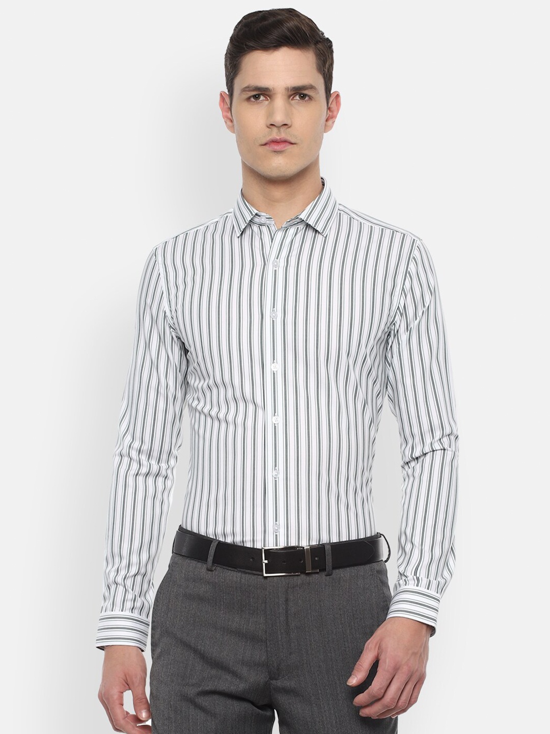

Louis Philippe Men Grey Slim Fit Striped Formal Shirt